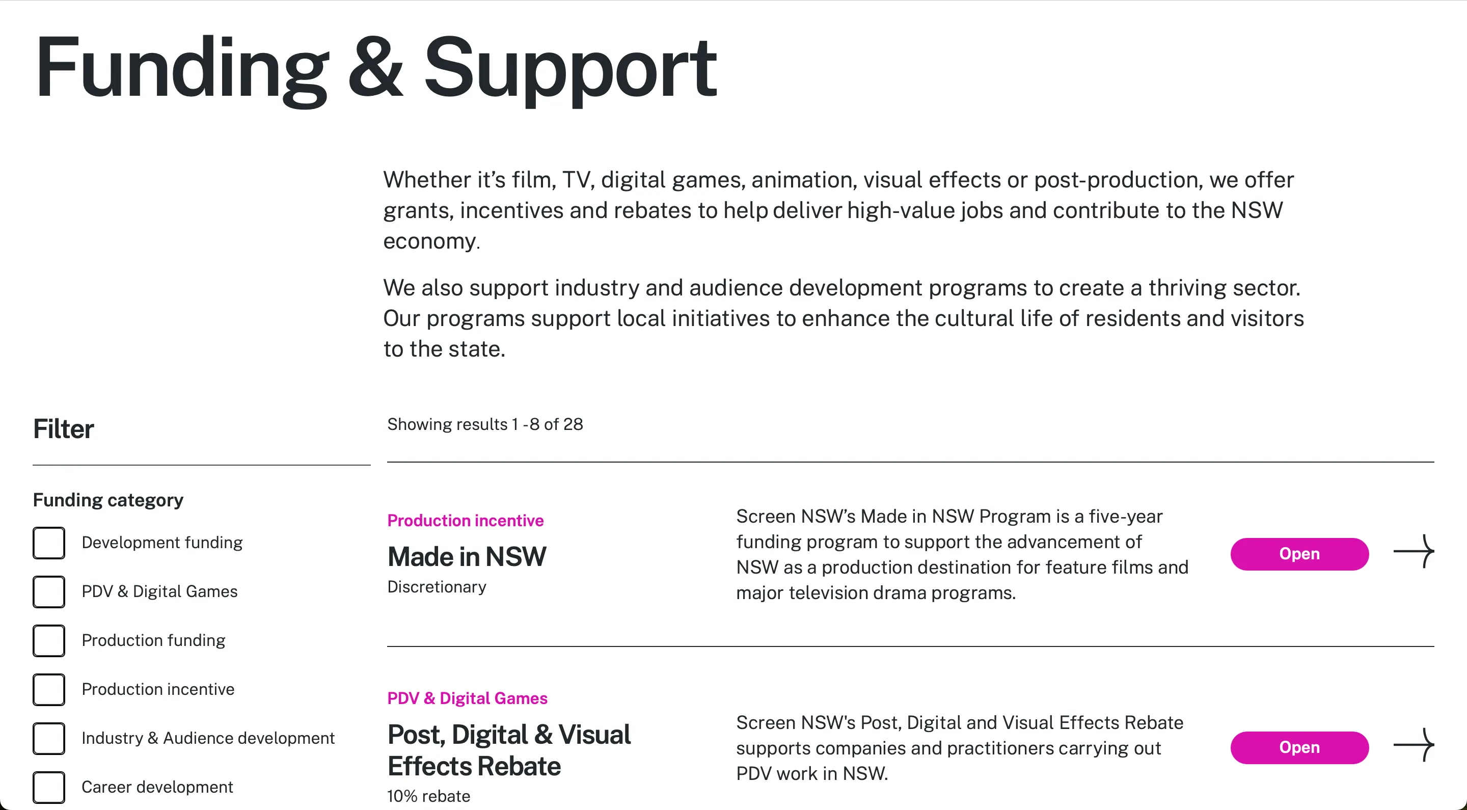 Funding and support listing UI