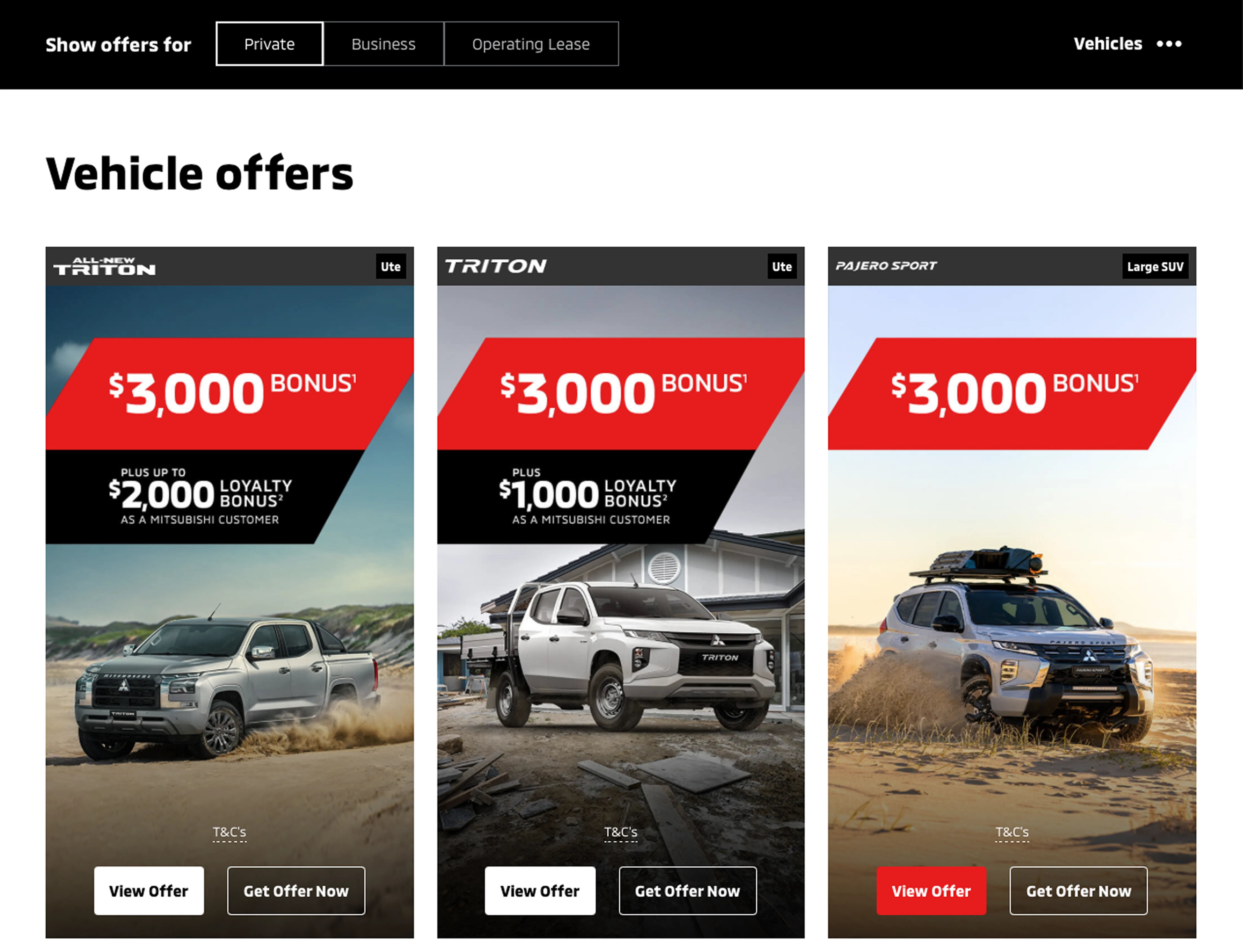 Mitsubishi offers listing page with filters and model selection